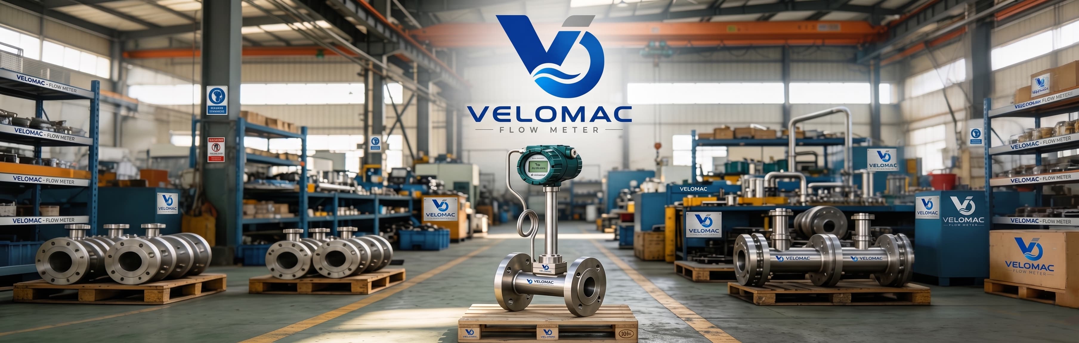 Velomac factory floor with flowmeter production context