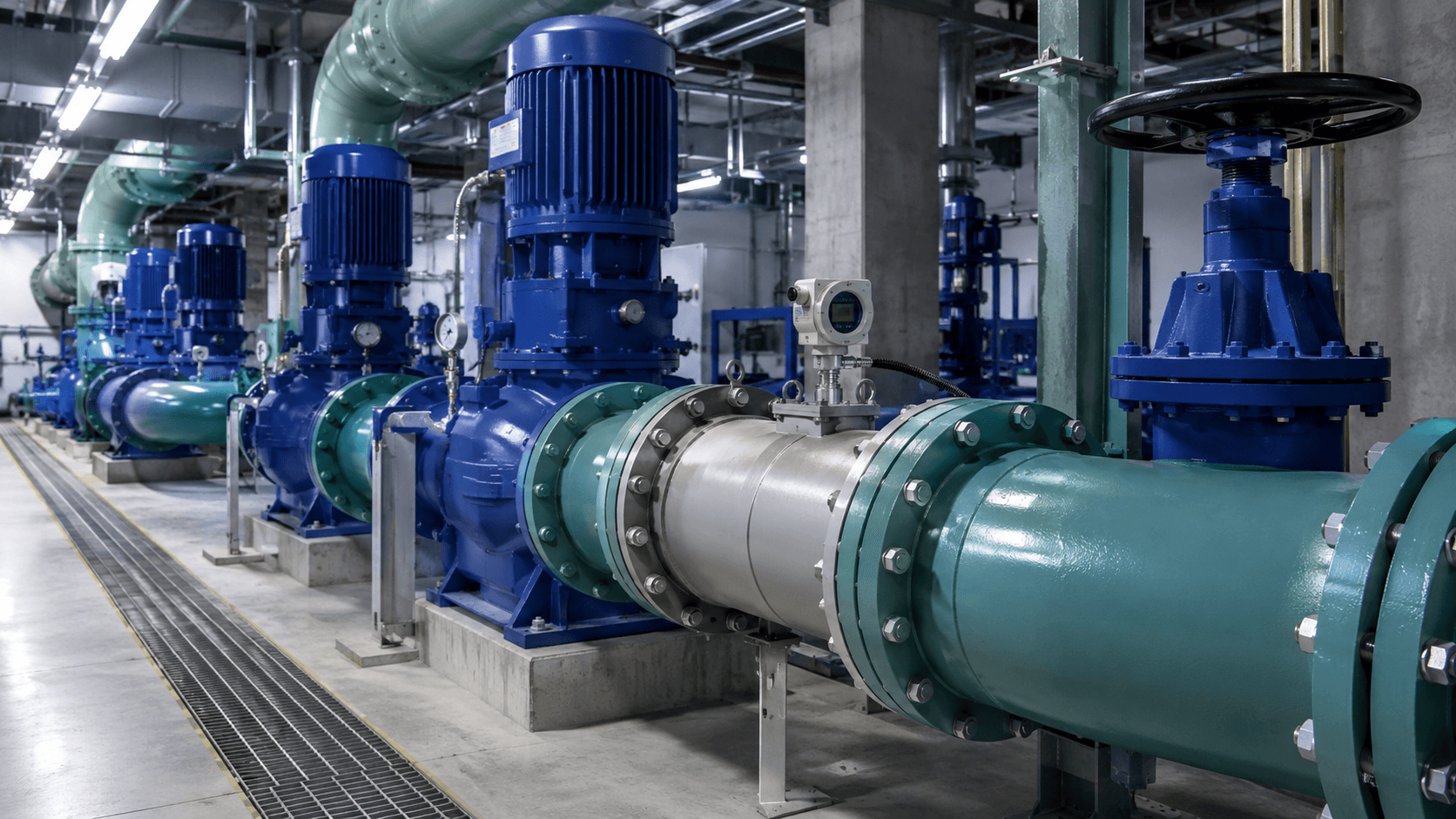 Water process pipeline with pumps and installed flowmeter