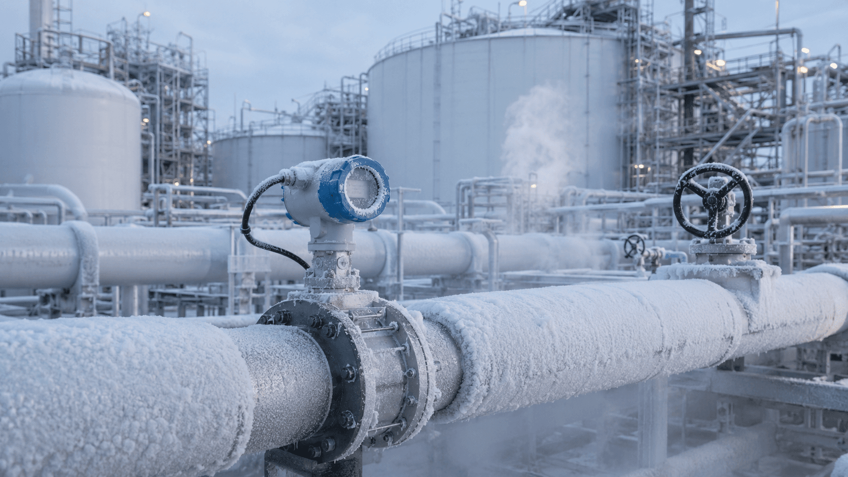 Industrial steam pipeline with visible vapor and an installed flowmeter