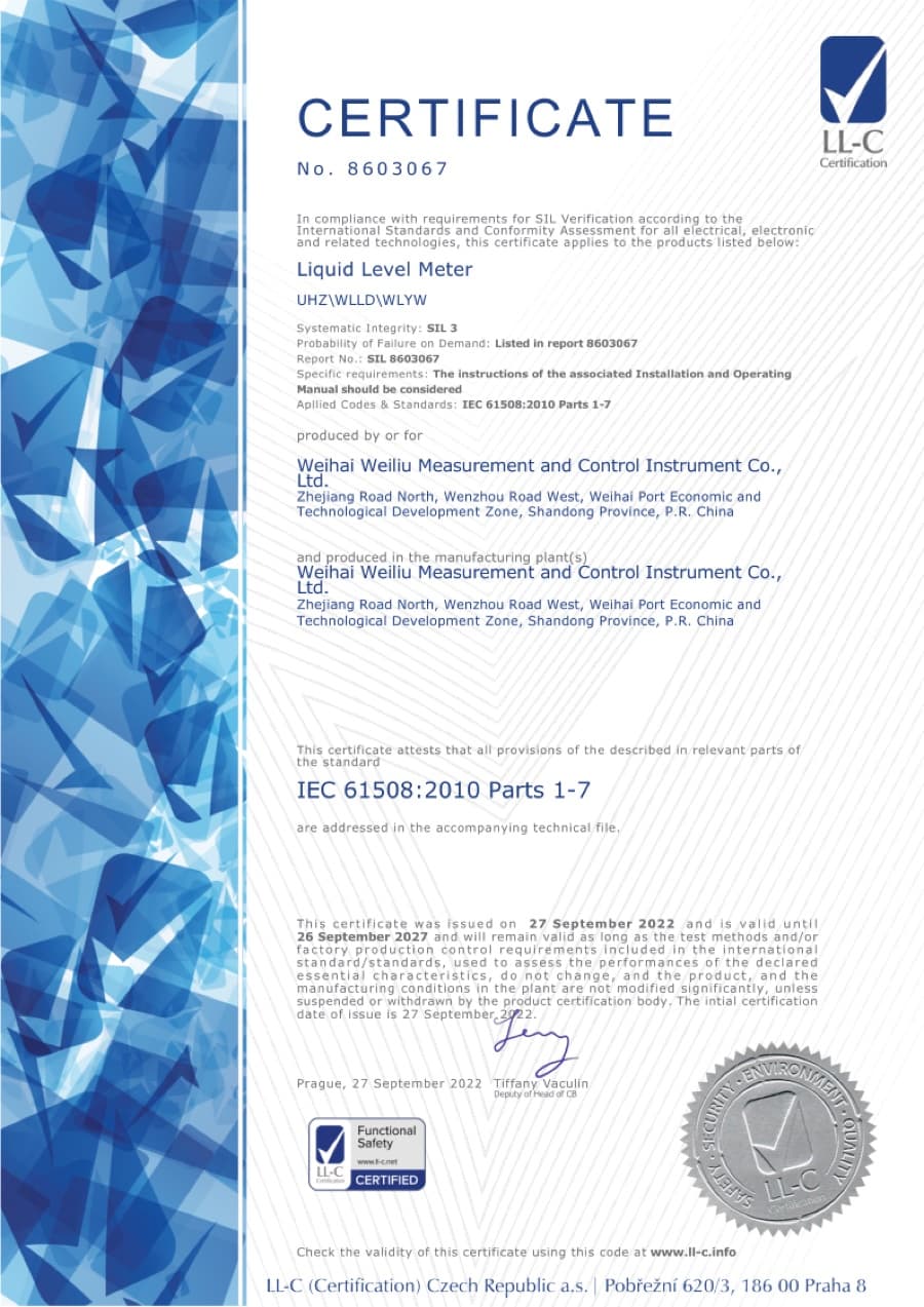 Velomac SIL 3 Verification Certificate for Liquid Level Meter