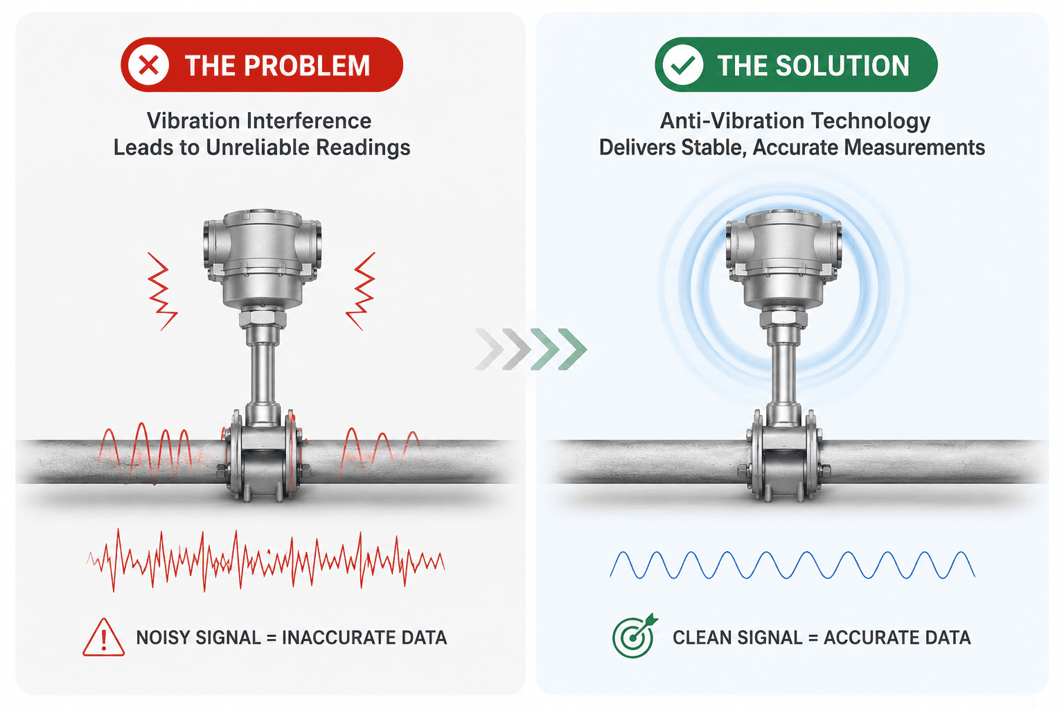 Wide-turndown anti-vibration vortex flowmeter measurement concept
