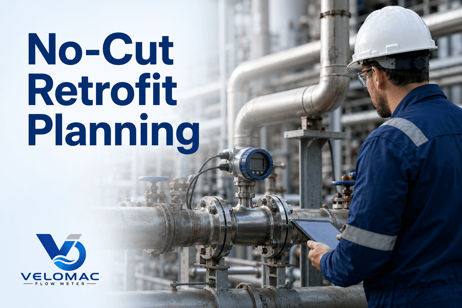 Industrial technician reviewing an existing pipeline for no-cut retrofit flowmeter planning in a process plant.
