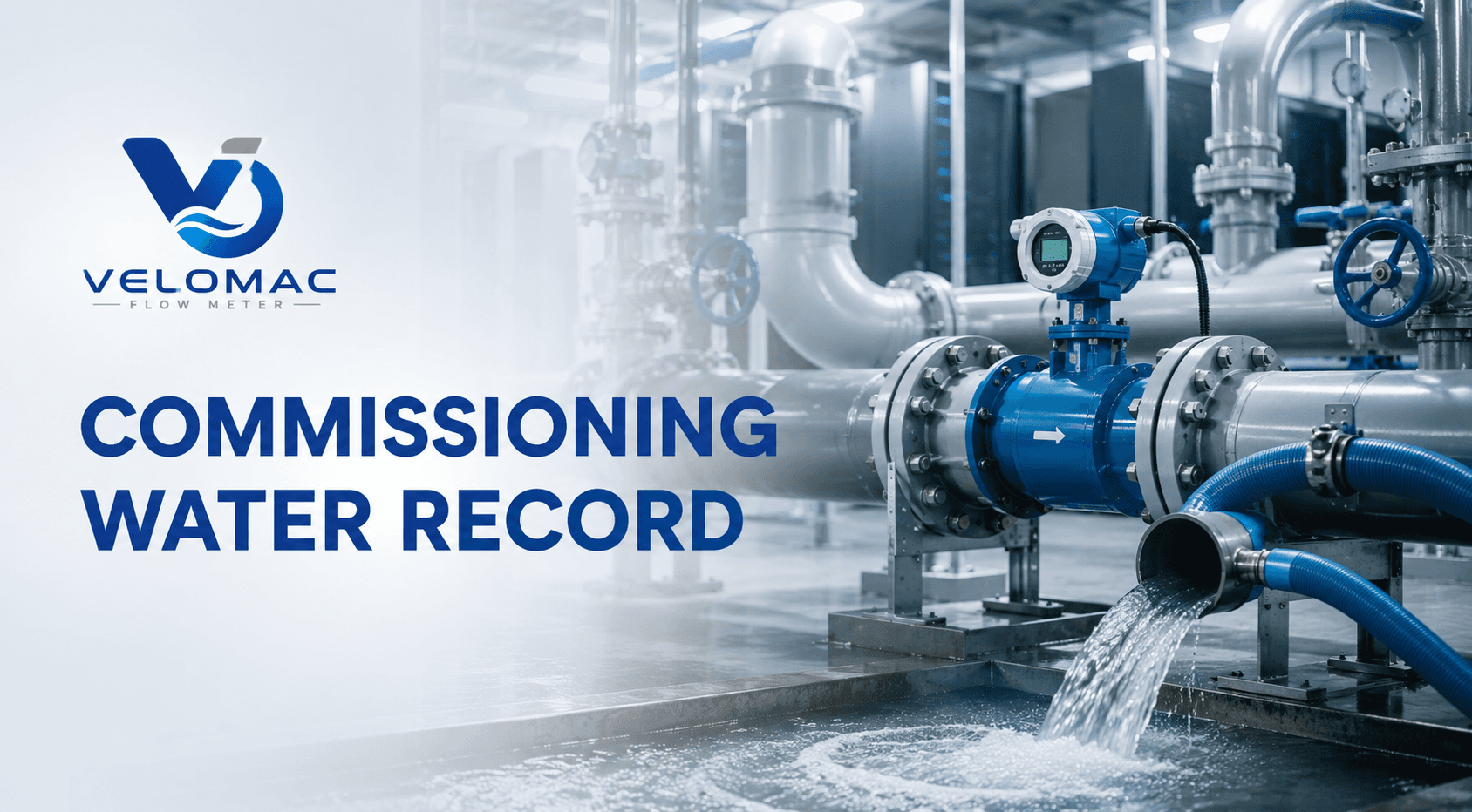Engineers recording data center commissioning water flow during cooling-pipeline filling, flushing, sampling, and temporary discharge.