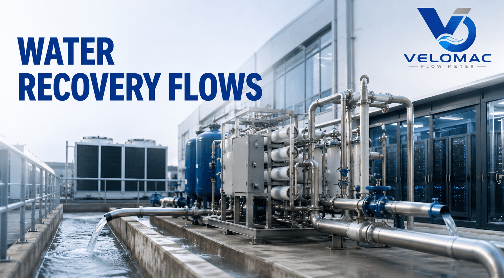 Data center water-treatment skid showing raw-water inlet, treated-water outlet, backwash, reject and discharge flow measurement points